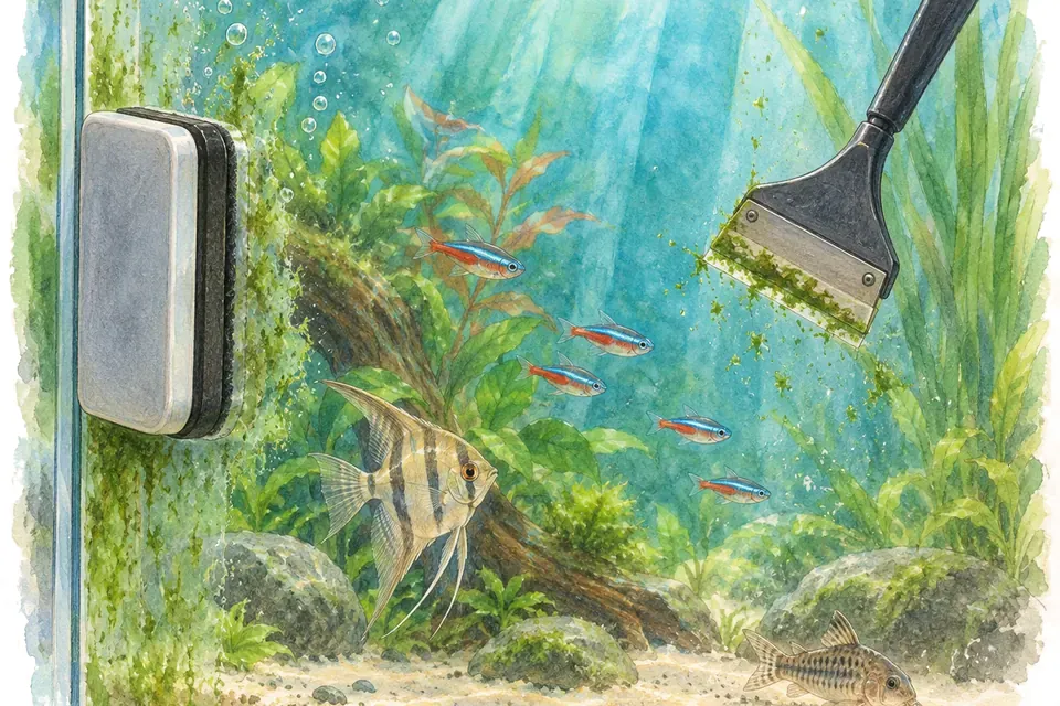 Illustration aquarelle : aimant nettoyeur et raclette à lame.