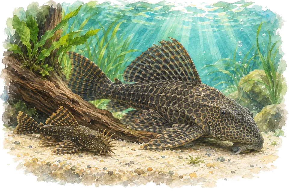 Illustration aquarelle : ancistrus et grand pléco.