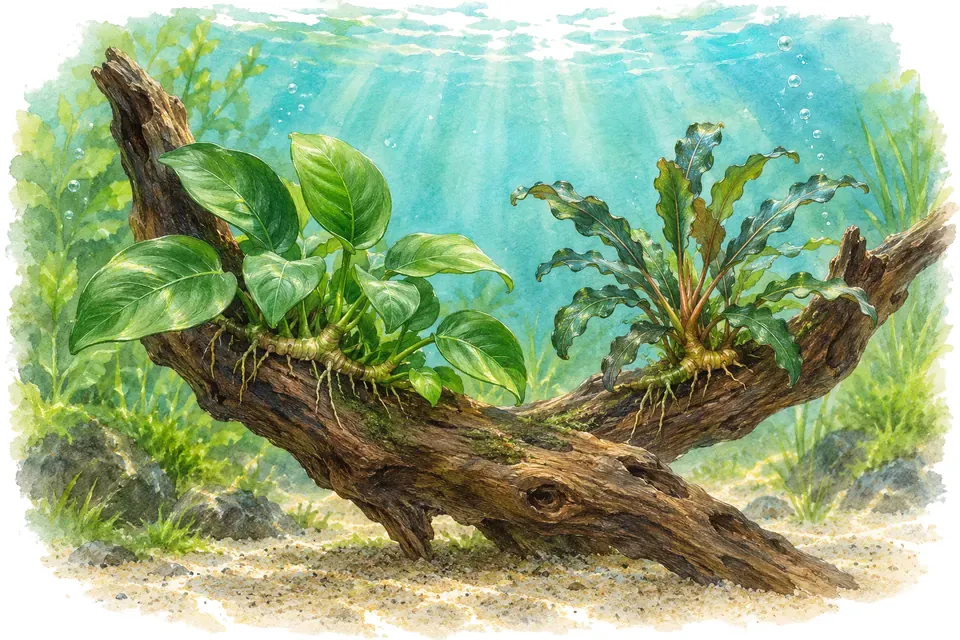 Illustration aquarelle : anubias nana et bucephalandra.