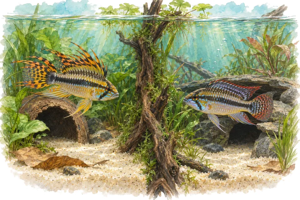 Illustration aquarelle : Apistogramma cacatuoides et Apistogramma agassizii.