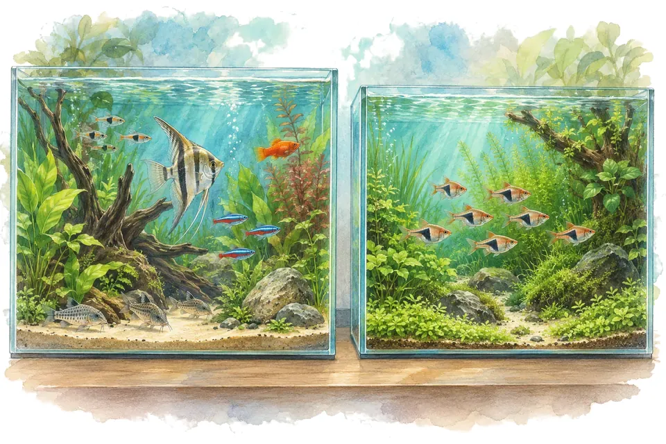 Illustration aquarelle : aquarium communautaire et aquarium spécifique.