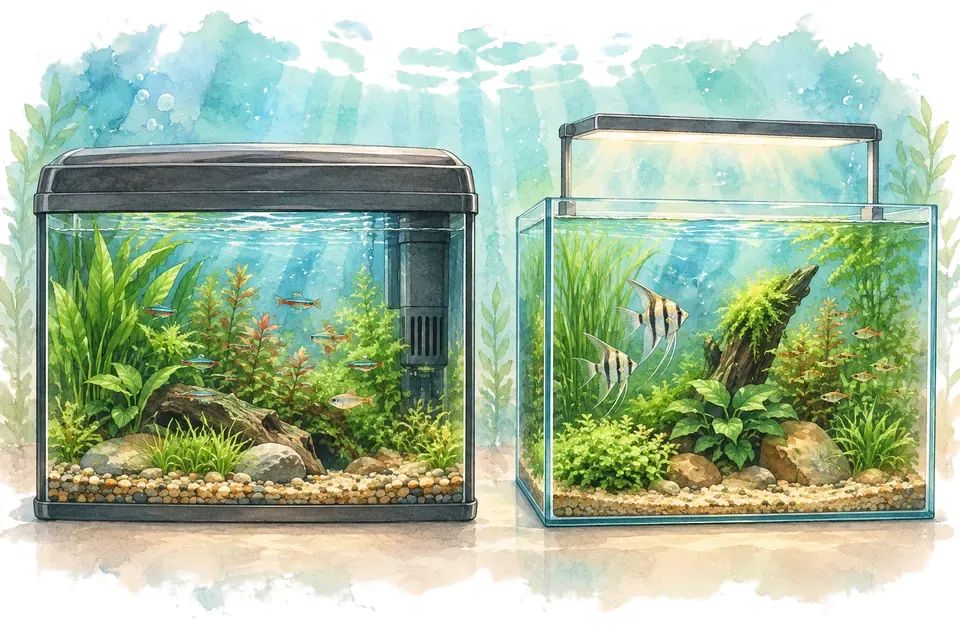 Illustration aquarelle : aquarium en kit et cuve nue.