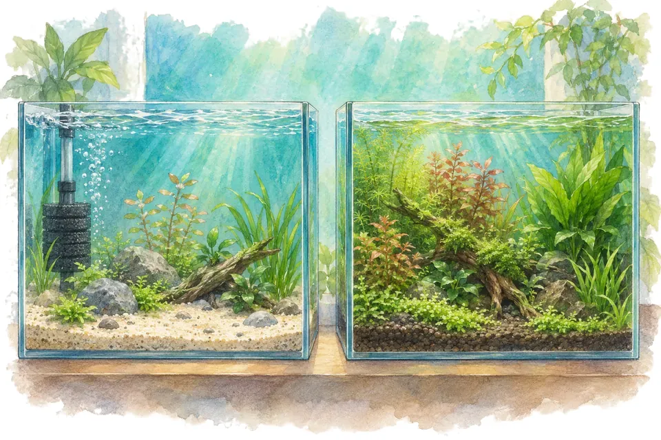 Illustration aquarelle : aquarium filtré et aquarium low-tech sans filtre.