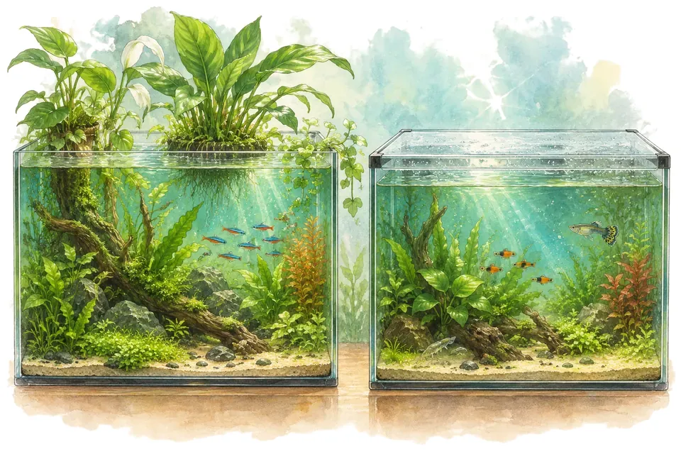 Illustration aquarelle : aquarium ouvert et aquarium fermé.