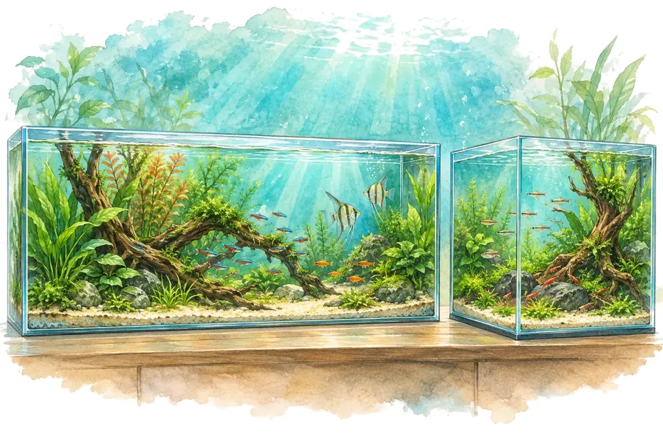 Illustration aquarelle : aquarium rectangulaire et aquarium cubique.