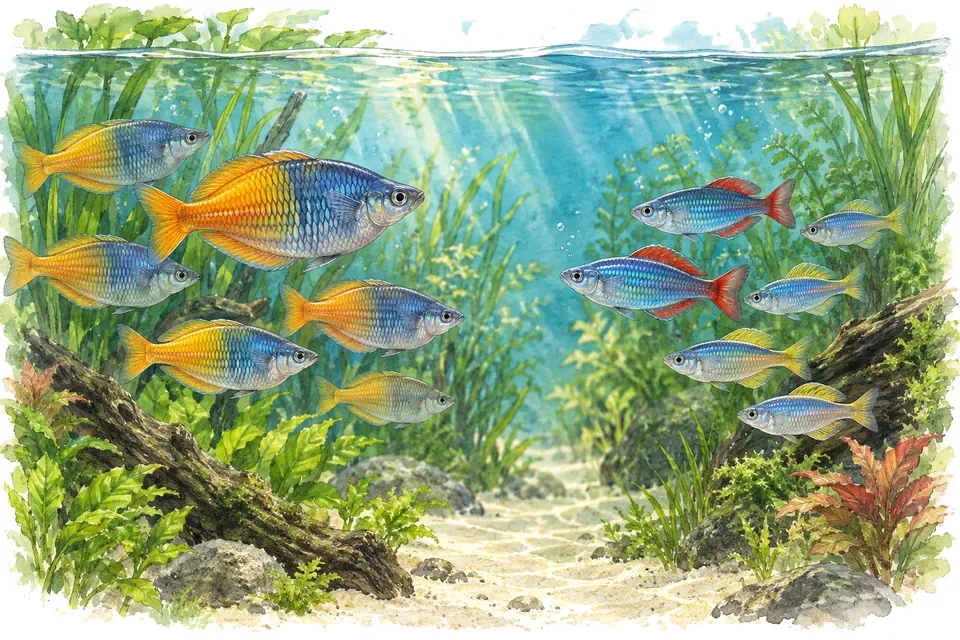 Illustration aquarelle : arc-en-ciel de Boeseman et arc-en-ciel nain.