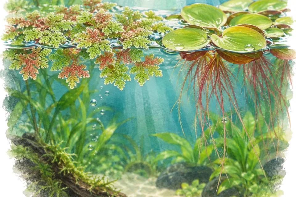 Illustration aquarelle : azolla filiculoides et phyllanthus fluitans.