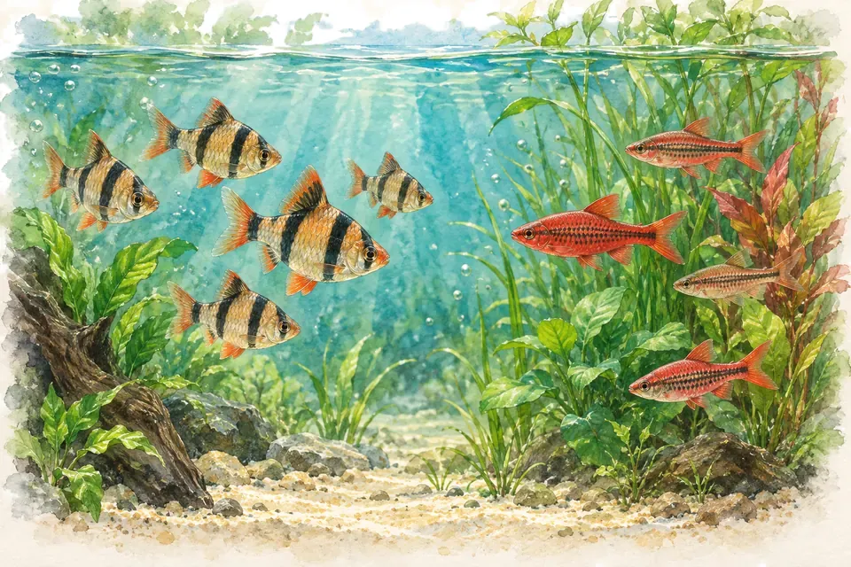 Illustration aquarelle : barbus de Sumatra et barbus cerise.