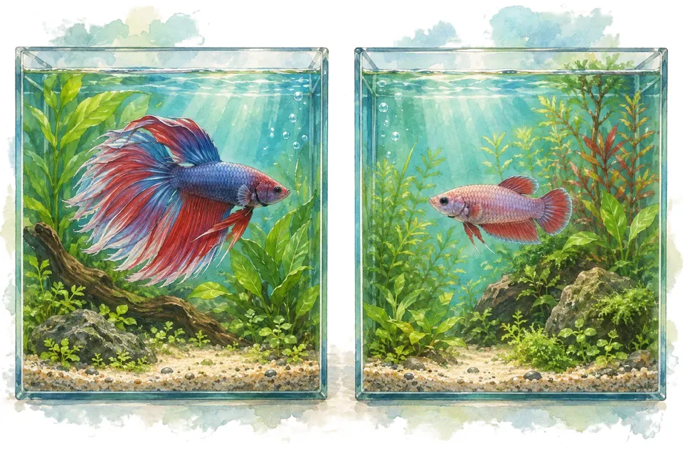Illustration aquarelle : betta mâle et betta femelle.