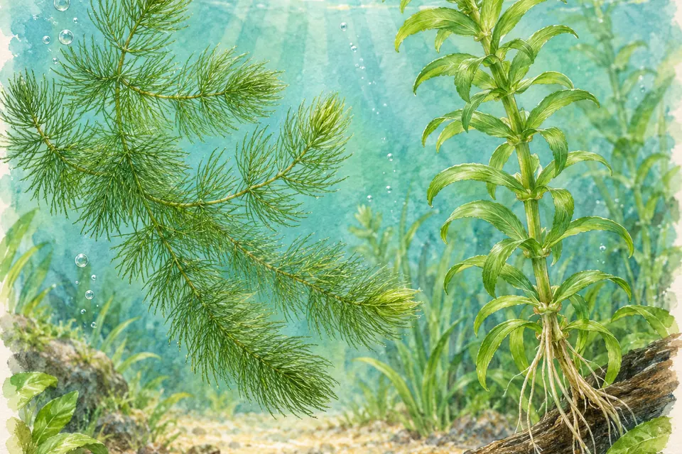 Illustration aquarelle : Ceratophyllum demersum et Egeria densa.