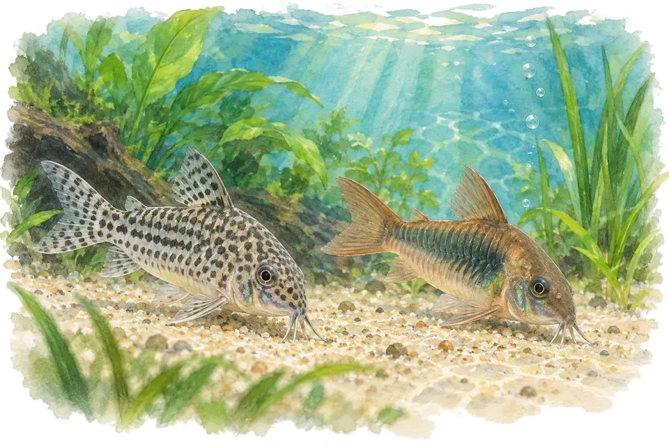 Illustration aquarelle : corydoras paleatus et corydoras aeneus.