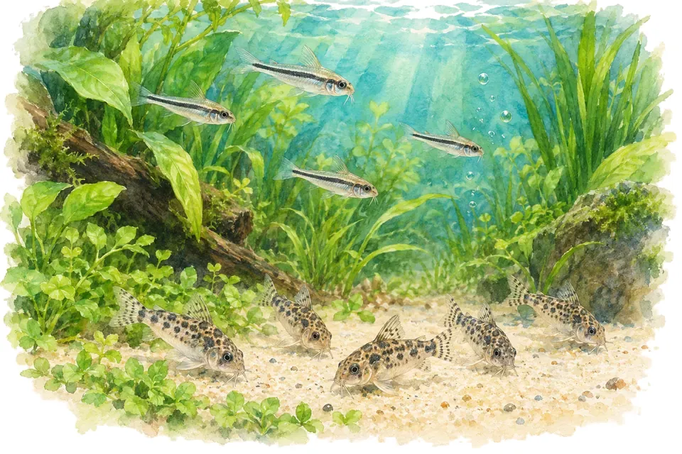 Illustration aquarelle : corydoras pygmaeus et corydoras habrosus.
