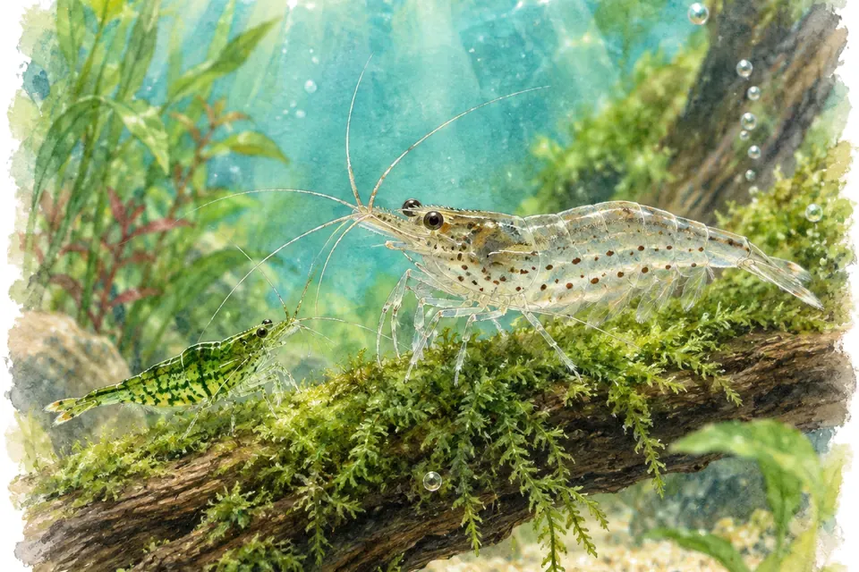 Illustration aquarelle : crevette Amano et caridina babaulti.