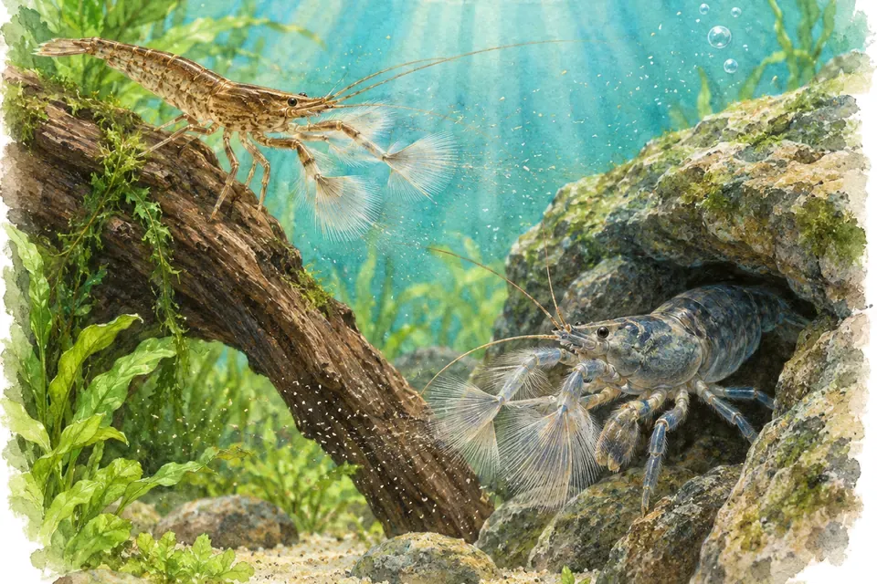 Illustration aquarelle : crevette bambou et crevette du Gabon.