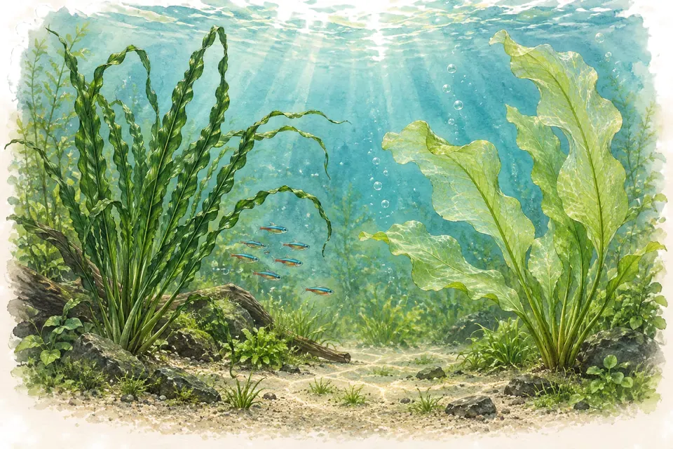Illustration aquarelle : crinum calamistratum et aponogeton ulvaceus.