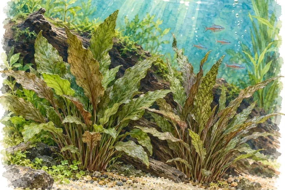 Illustration aquarelle : Cryptocoryne wendtii et Cryptocoryne beckettii.