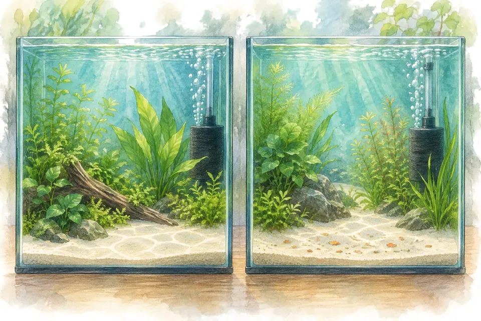 Illustration aquarelle : cyclage avec une source d’ammoniaque et cyclage avec de la nourriture.