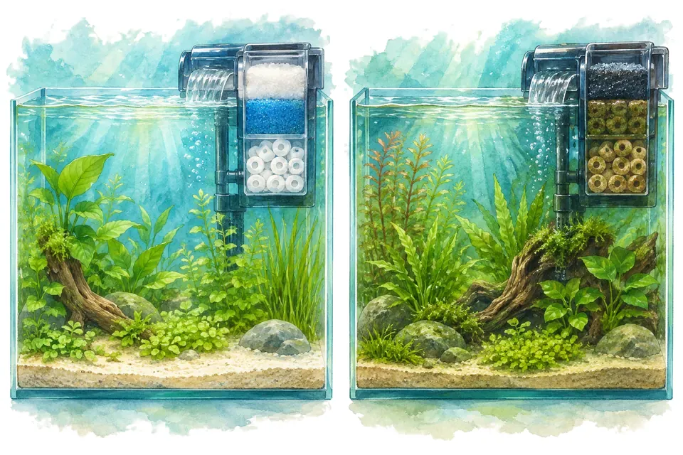 Illustration aquarelle : cyclage spontané et apport de masses filtrantes matures.