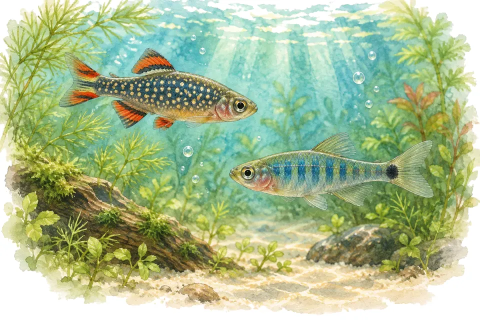 Illustration aquarelle : Danio margaritatus et Danio erythromicron.