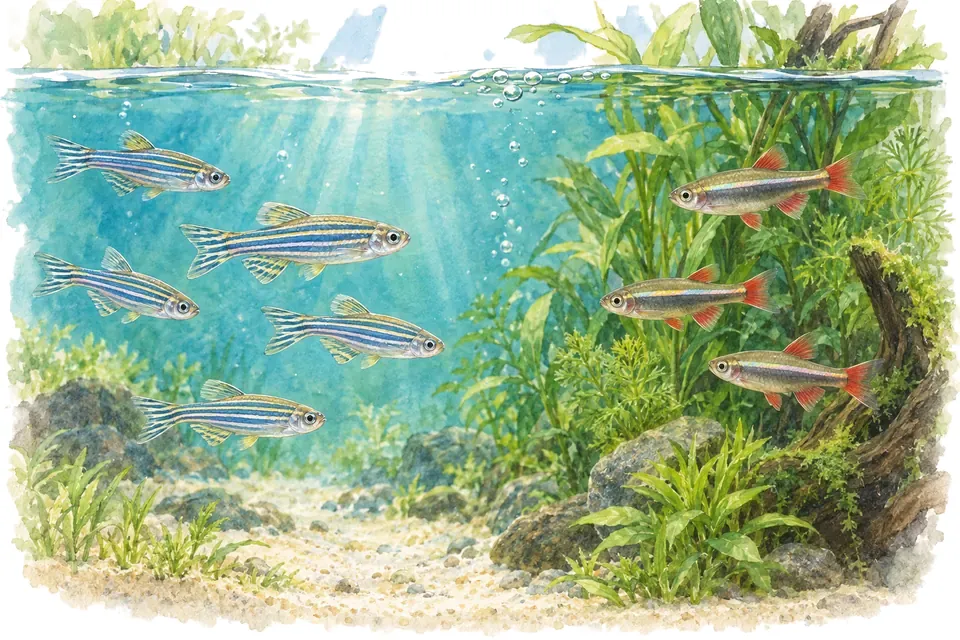 Illustration aquarelle : danio rerio et tanichthys albonubes.