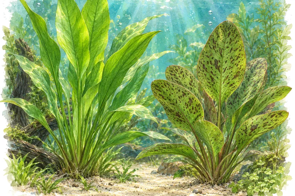 Illustration aquarelle : echinodorus bleheri et echinodorus « Ozelot ».