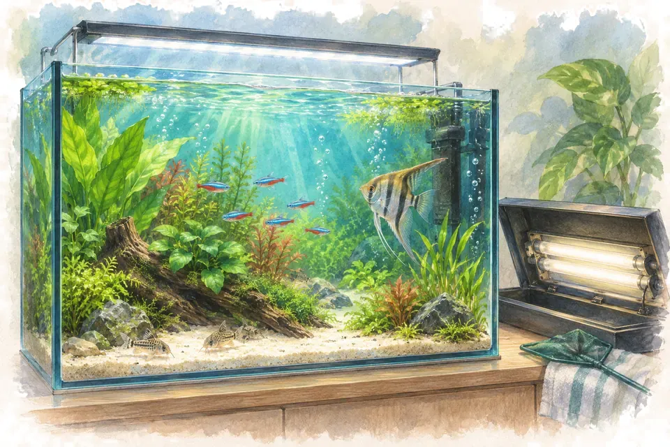 Illustration aquarelle : éclairage LED et tubes fluorescents.