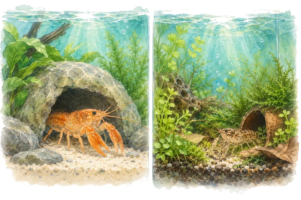 Illustration aquarelle : écrevisse cpo et cambarellus diminutus.