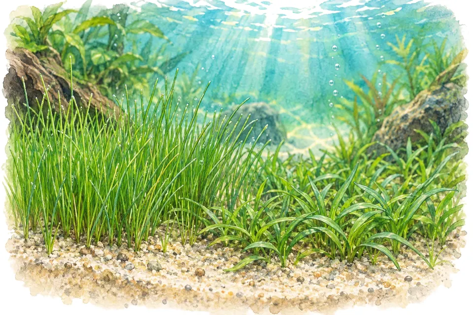 Illustration aquarelle : eleocharis parvula et lilaeopsis brasiliensis.