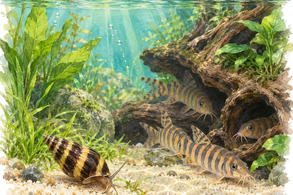 Illustration aquarelle : escargot Helena et Botia striata.