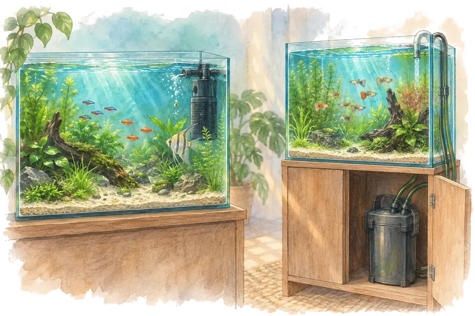 Illustration aquarelle : filtre interne et filtre externe.