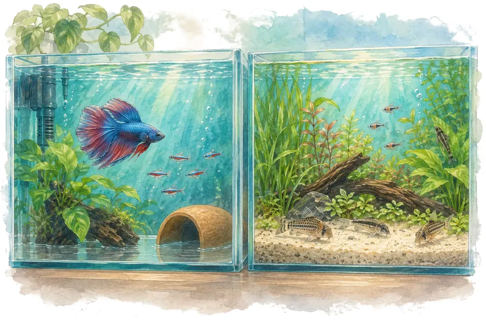 Illustration aquarelle : fond nu et aquarium avec substrat.