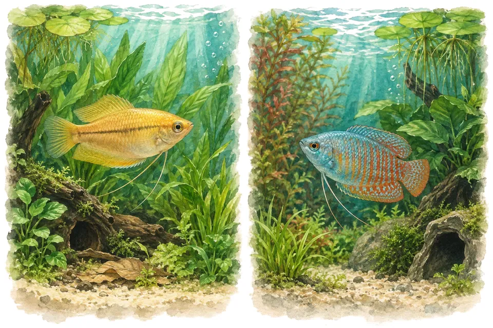 Illustration aquarelle : gourami miel et gourami nain.