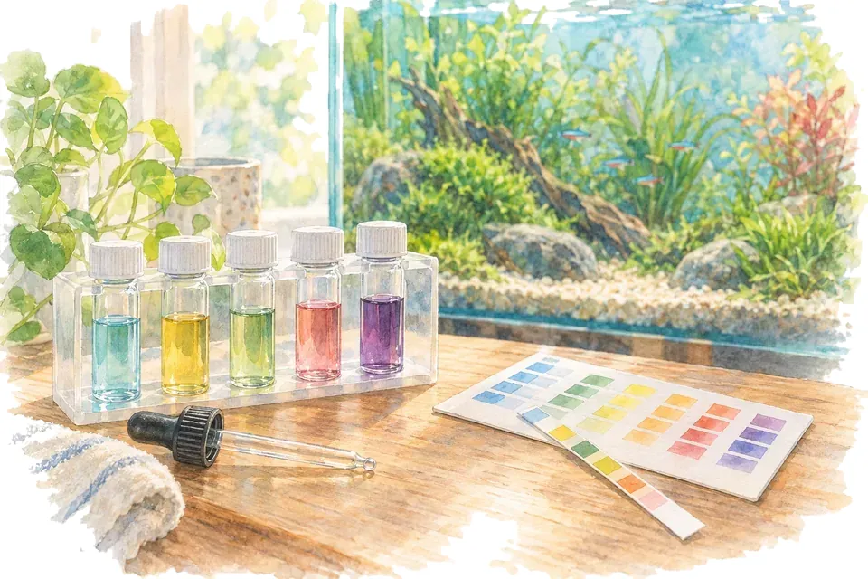 Sur une table en bois, un kit de test en gouttes avec de petits flacons contenant des échantillons d’eau de couleurs différentes est placé à gauche, tandis qu’une bandelette réactive repose à côté de sa carte de référence à droite, avec un aquarium planté flou en arrière-plan.