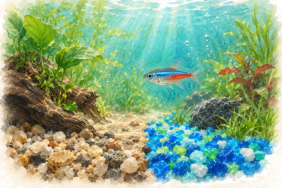 Illustration aquarelle : gravier naturel et gravier coloré.