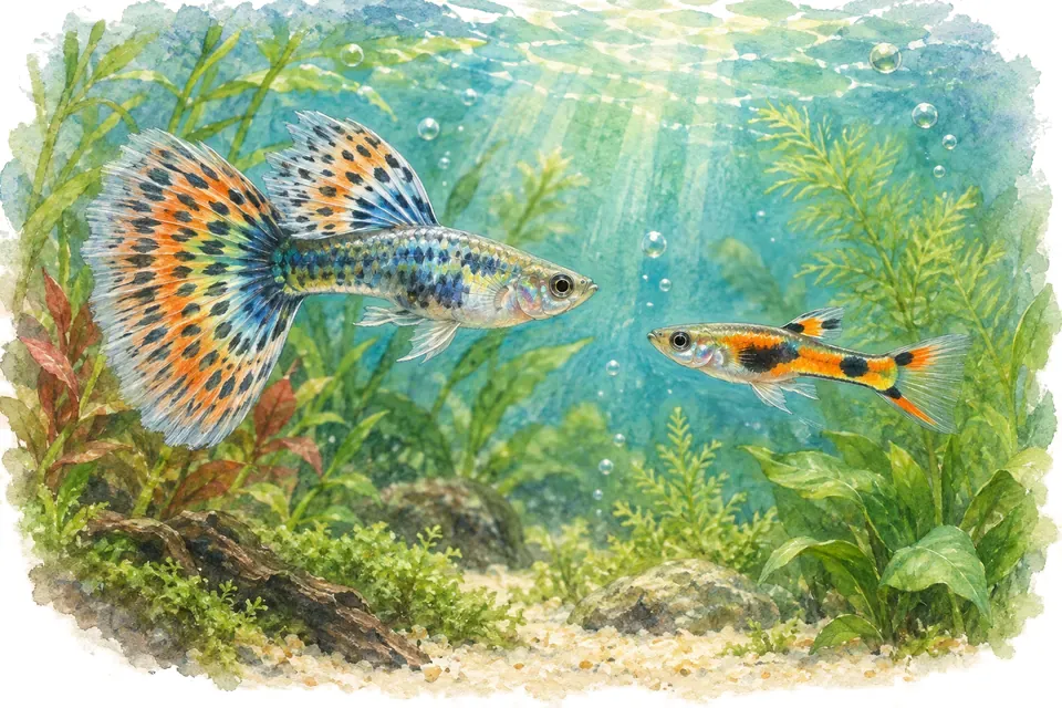 Illustration aquarelle : guppy et Endler.