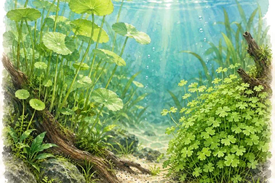 Illustration aquarelle : hydrocotyle leucocephala et hydrocotyle tripartita.