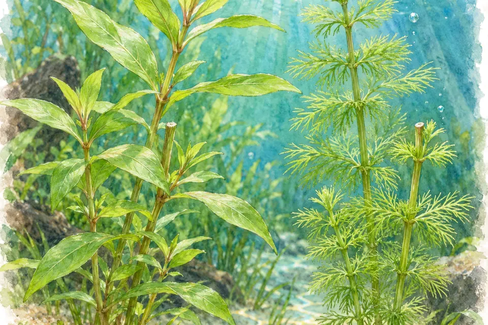 Illustration aquarelle : hygrophila polysperma et limnophila sessiliflora.