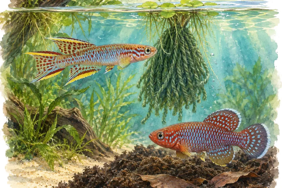 Illustration aquarelle : killie Cap Lopez et Nothobranchius rachovii.