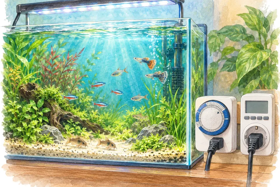 Illustration aquarelle : minuterie mécanique et prise programmable.