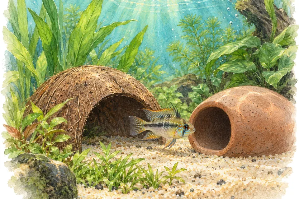 Illustration aquarelle : noix de coco et grotte en céramique.