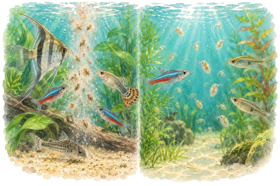Illustration aquarelle : nourriture congelée et nourriture vivante.