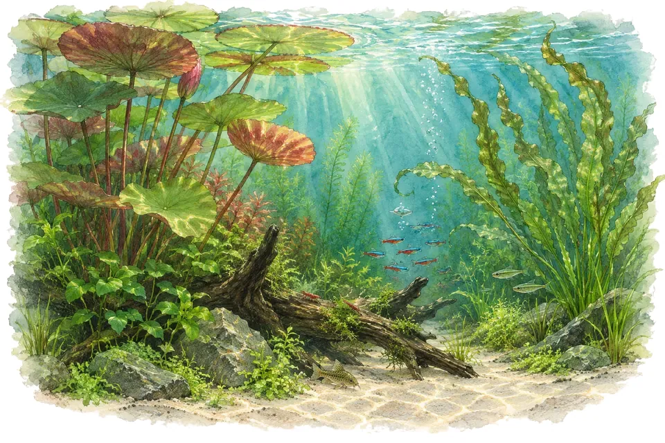 Illustration aquarelle : nymphaea lotus et aponogeton crispus.