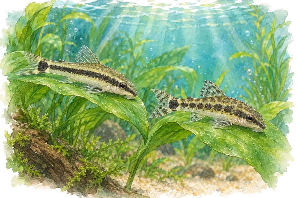 Illustration aquarelle : otocinclus vittatus et otocinclus macrospilus.