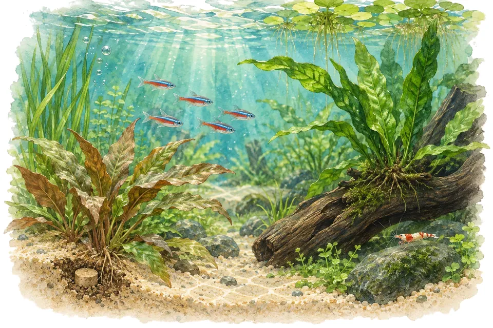 Illustration aquarelle : pastilles racinaires et engrais liquide.