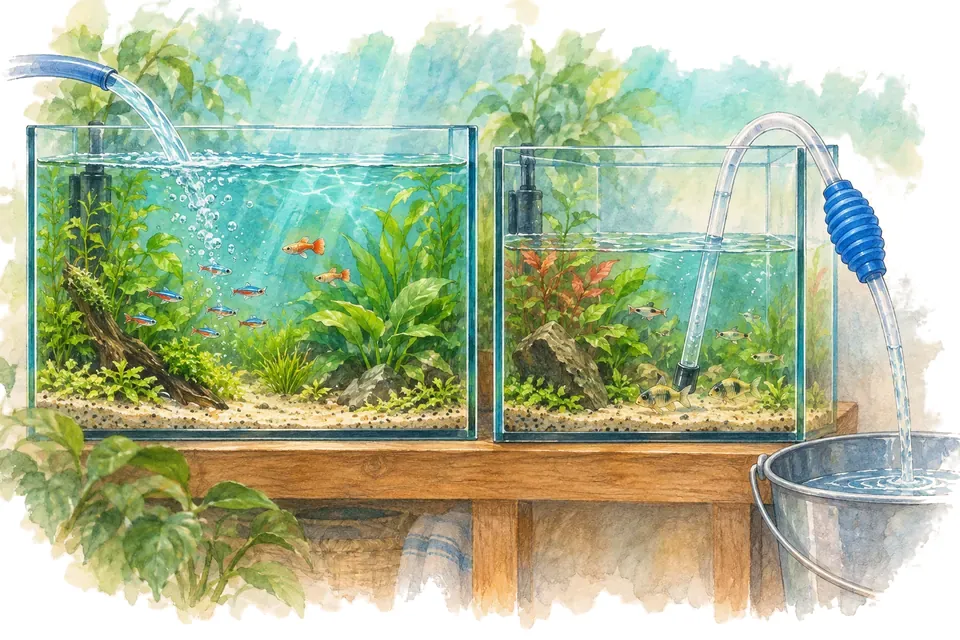 Illustration aquarelle : petits changements d’eau fréquents et gros changements d’eau espacés.