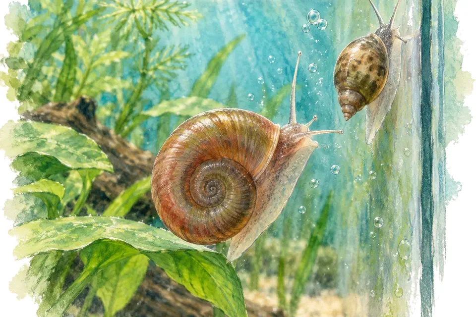 Illustration aquarelle : planorbe et physe.