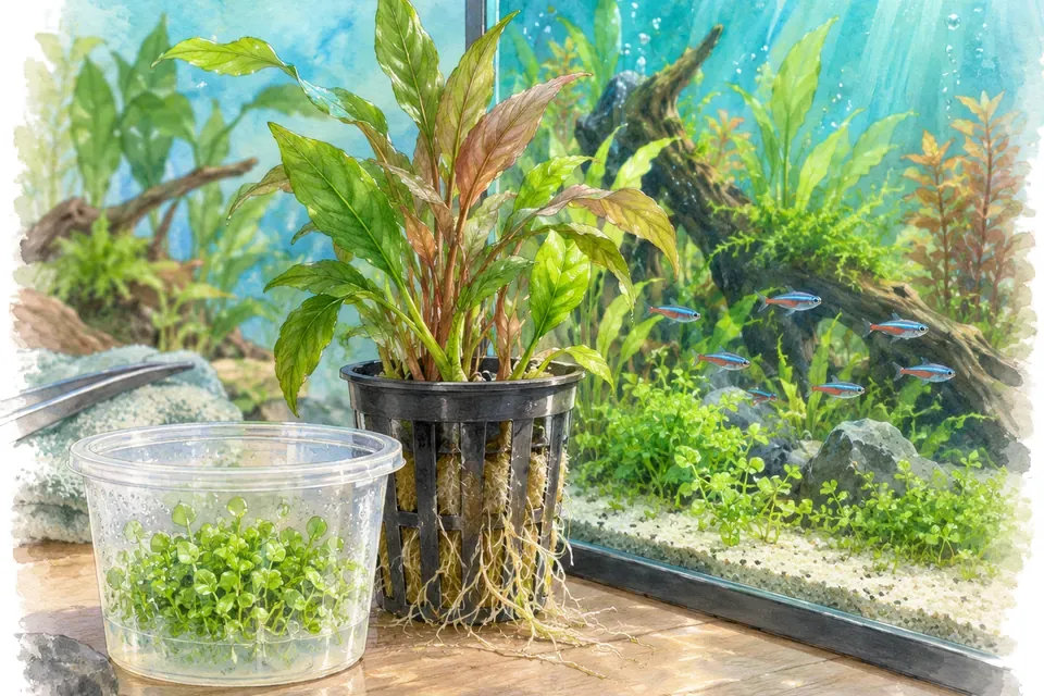 Illustration aquarelle : plantes in vitro et plantes en pot.