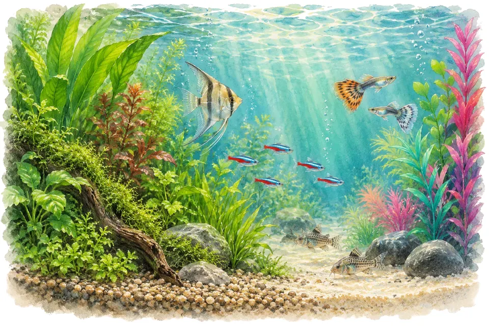 Illustration aquarelle : plantes naturelles et plantes artificielles.