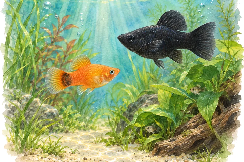 Illustration aquarelle : platy et molly.