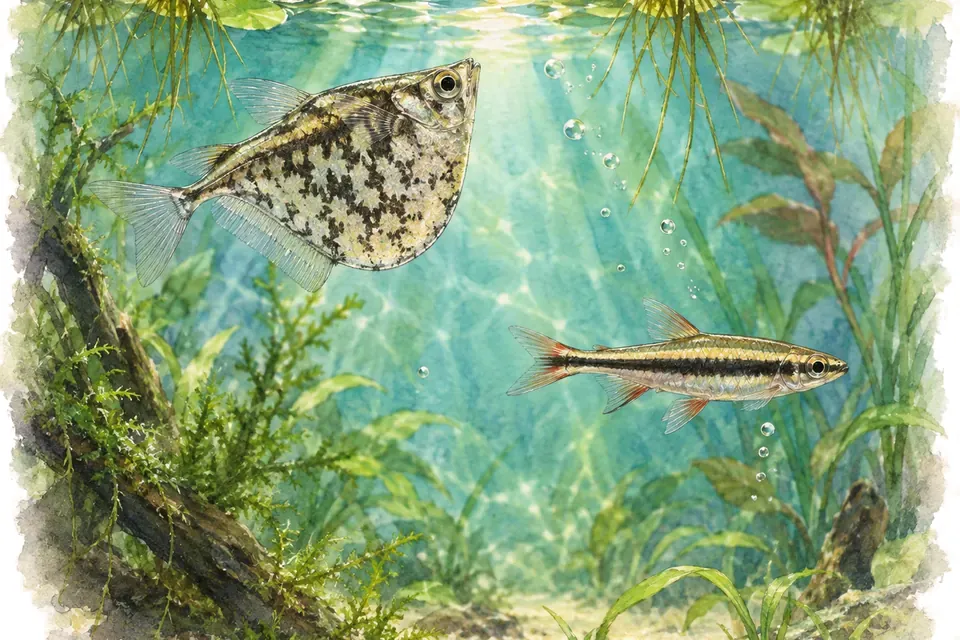 Illustration aquarelle : poisson-hachette marbré et poisson-crayon de Beckford.